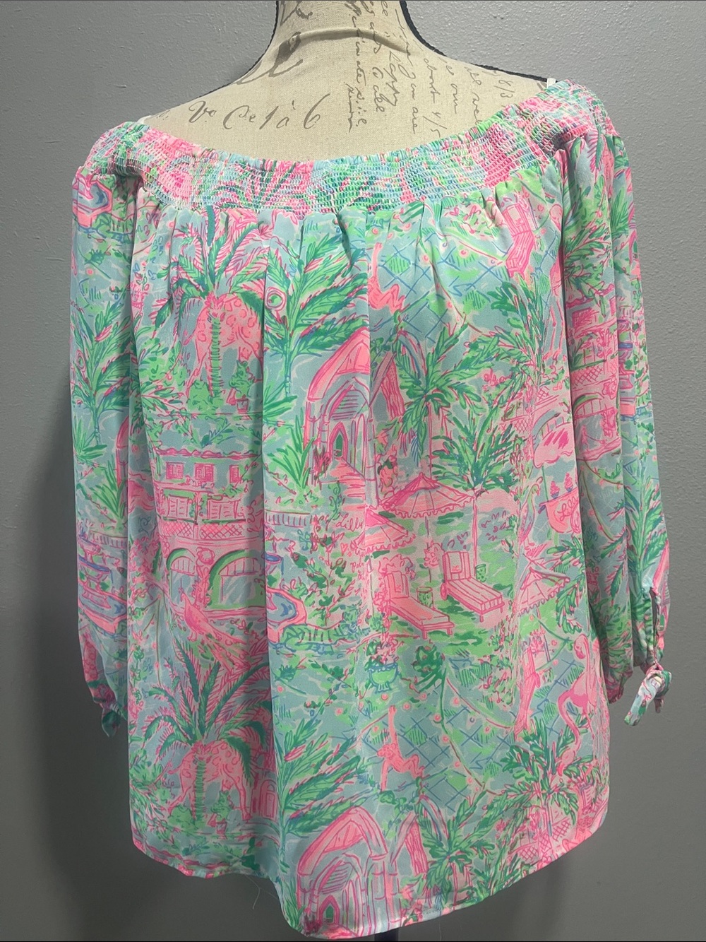 Lilly Pulitzer Off-the-Shoulder Tropical Print Blouse in Mint & Pink
